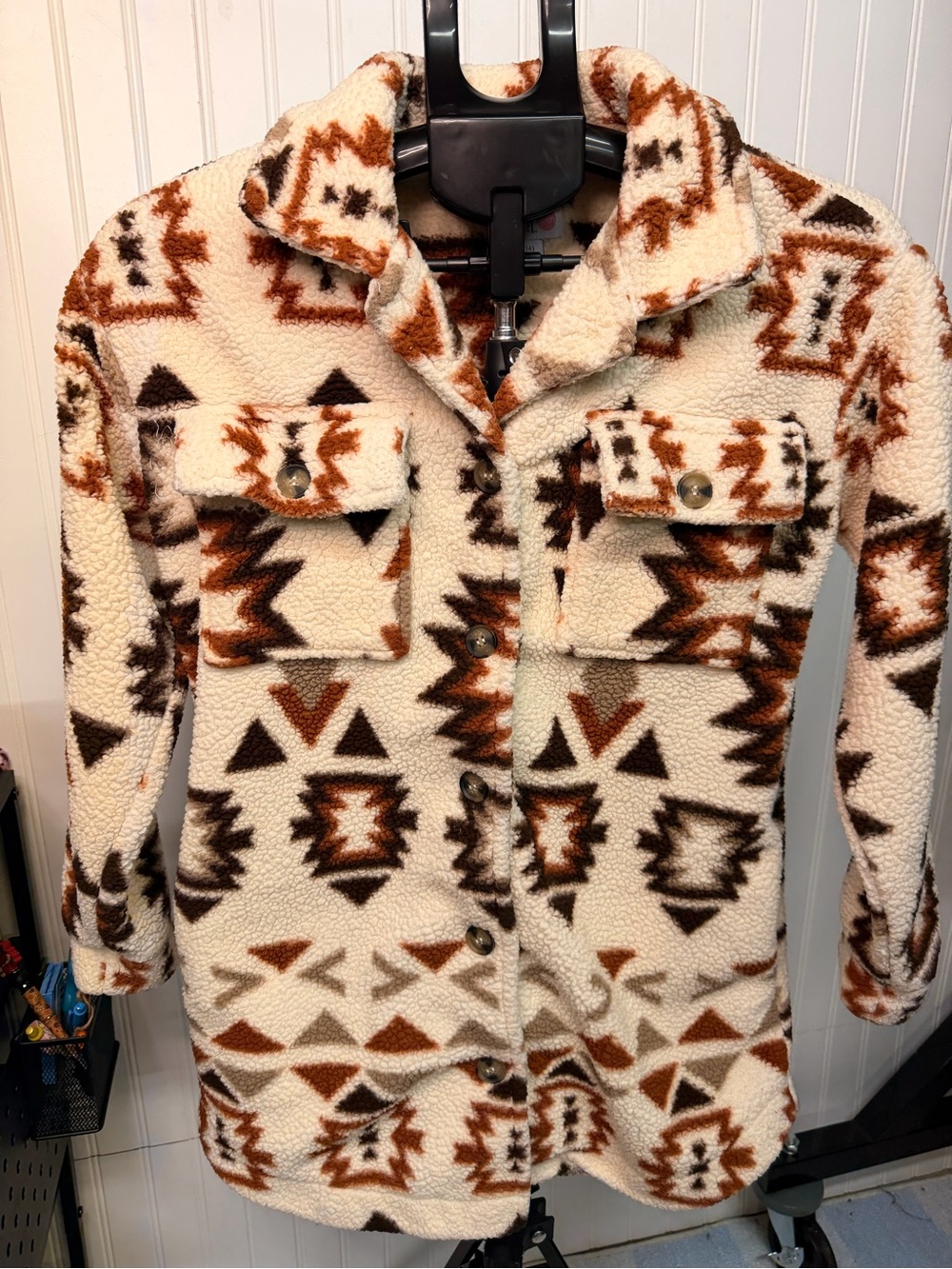Cream Aztec Sherpa Button-Front Teddy Jacket